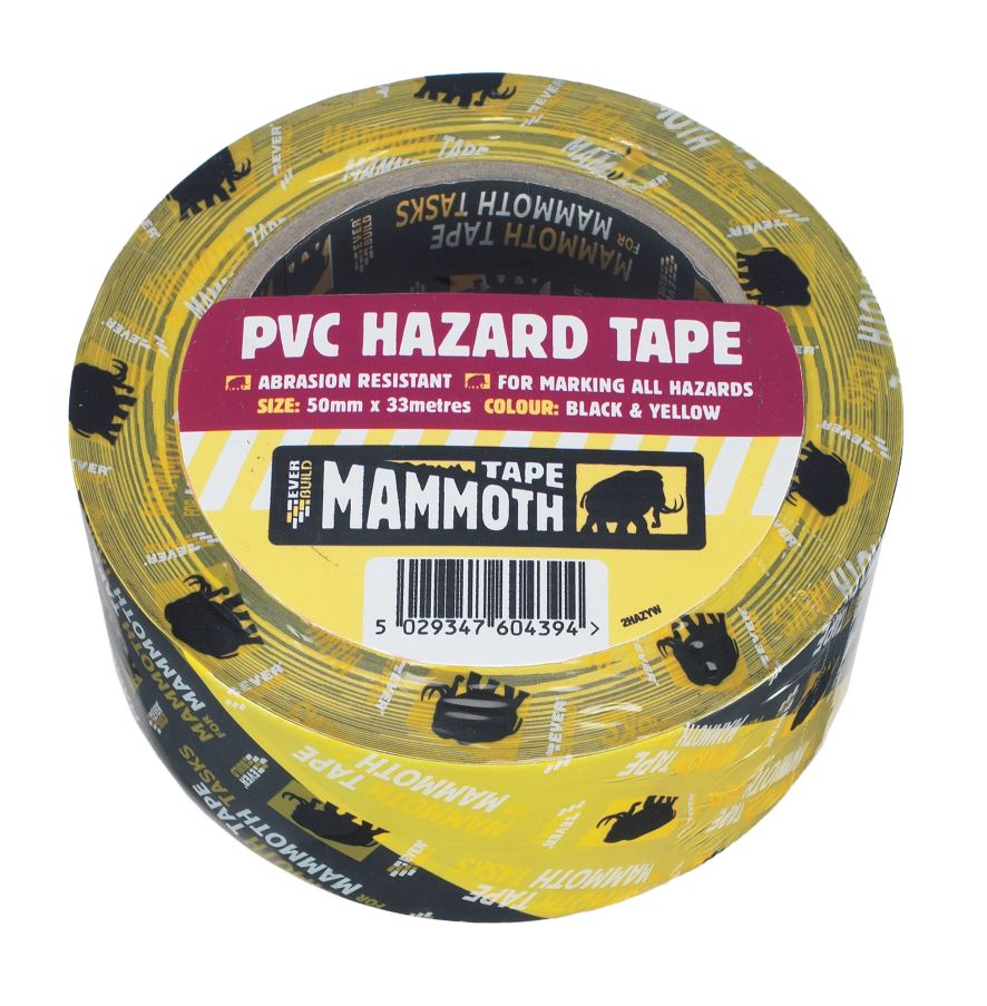 PVC HAZARD WARNING TAPE 50MM X 33M BLACK/YELLOW