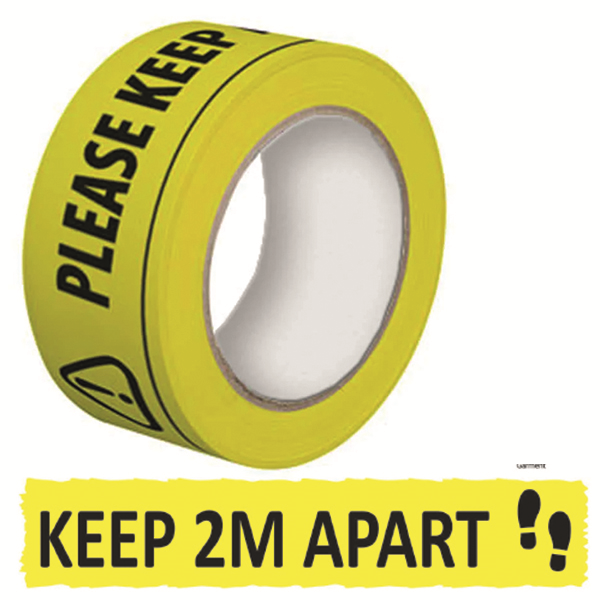 SOCIAL DISTANCING 'PLEASE KEEP A SAFE DISTANCE' PERMANENT ADHESIVE LAMINATED TAPE 50MM X 33M