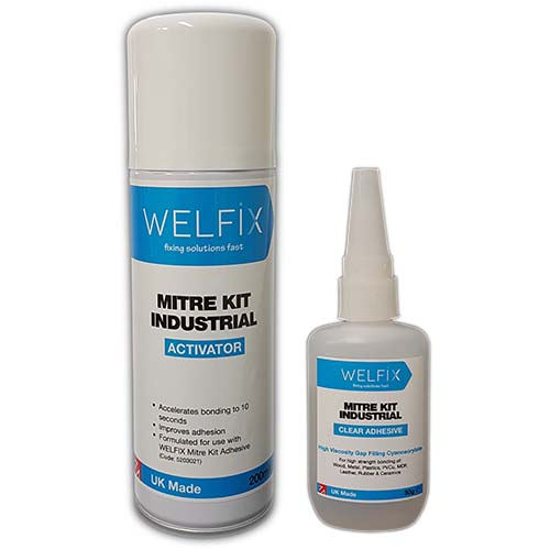 'WELFIX' MITRE BOND KIT INDUSTRIAL CLEAR (50G ADHESIVE + 200ML ACTIVATOR)
