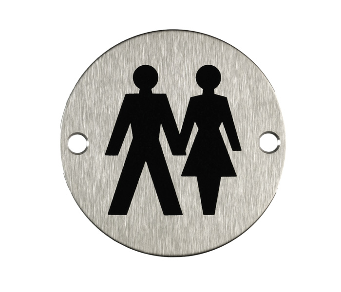 ROUND DOOR SIGN 76MM (3") UNISEX SYMBOL (MALE & FEMALE) SATIN STAINLESS STEEL