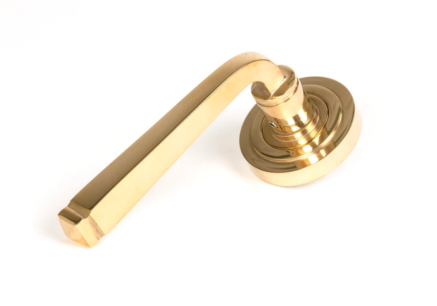 FTA 50599 POLISHED BRASS AVON ROUND LEVER ON ROSE SET (ART DECO) - UNSPRUNG