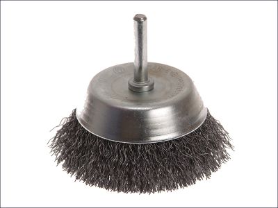 CRIMPED STEEL WIRE CUP BRUSH 75MM ON 6MM (1/4") SHAFT
