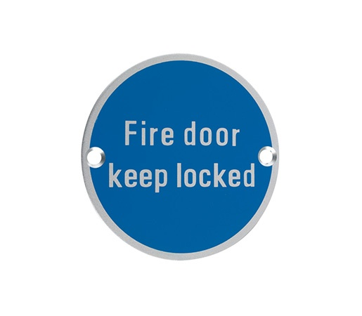 ROUND DOOR SIGN 76MM (3") 'FIRE DOOR KEEP LOCKED' SATIN STAINLESS STEEL