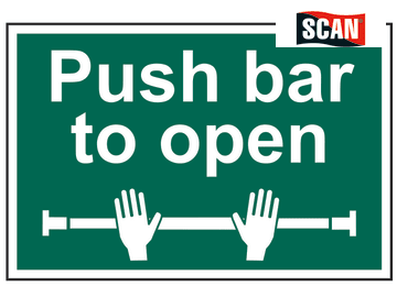 SIGN - PUSH BAR TO OPEN 300 X 200MM S/A PVC GREEN ON WHITE SCAN 1523